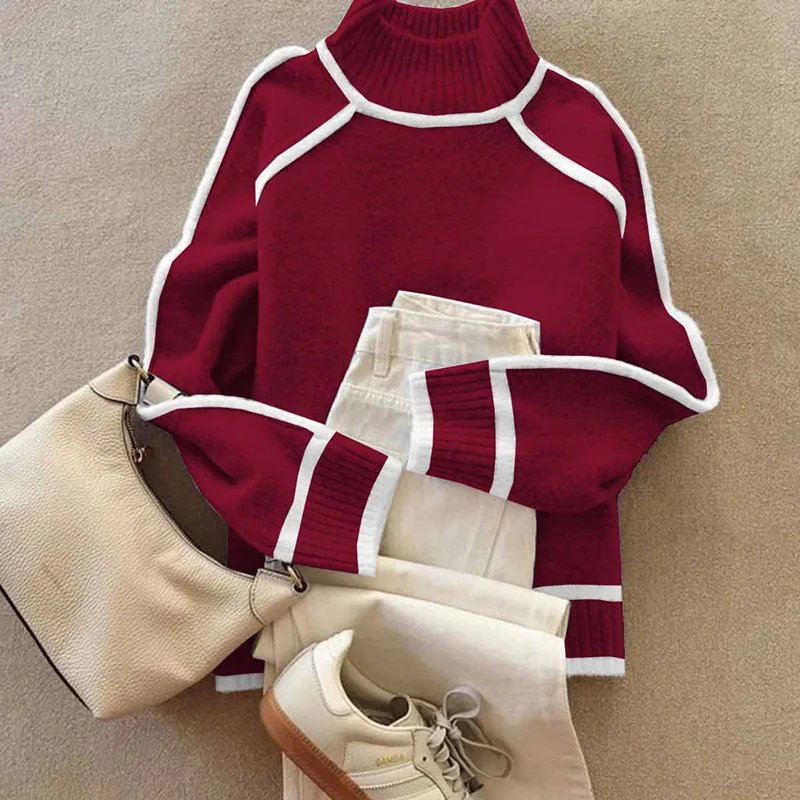 Dolcevita a costine autunno inverno maglione da donna retrò colore a contrasto maglieria top pullover casual manica lunga abbigliamento femminile caldo