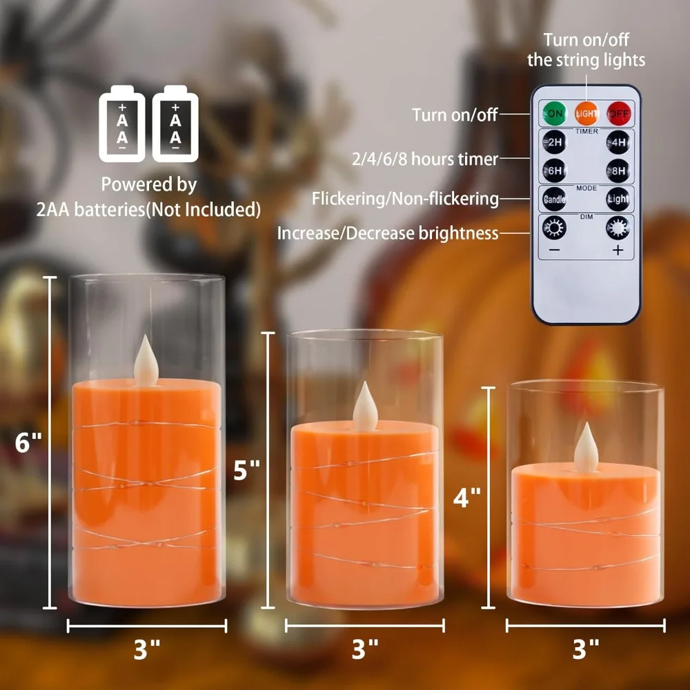 عديمة اللهب وامضة 3 × 4 5 6 شموع بلاستيكية شفافة برتقالية 11 مفتاحًا عن بعد مع أوتار خفيفة، مؤقت دورة يعمل بالبطارية LED Pa