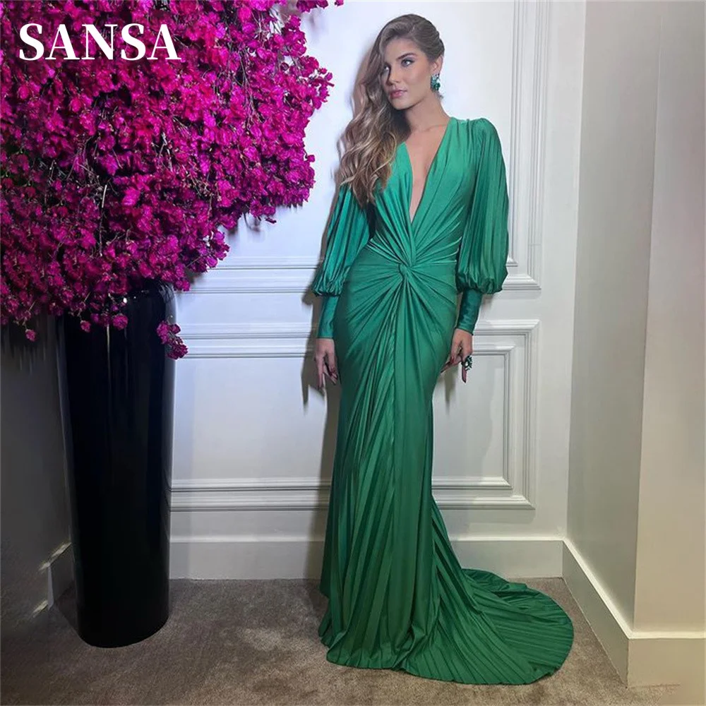 

Sansa Puffy Sleeve Green فساتين السهرة Shiny Deep V-neck Mermaid Prom Dress Exquisite Pleats Satin Fishtail Vestidos De Noche