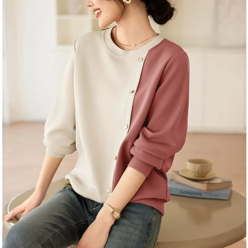 Spring Autumn Contrast Color Crew Neck Button Lantern Long Sleeve Pullover Women\'s Clothing Loose Casual Hoodies All-match Tops