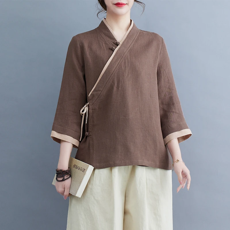 Pure Color Tang Suit Women's Hanfu Revised Summer Tea Person Uniform Buddhist Style Zen Meditation Clothes New Chinese Style Top