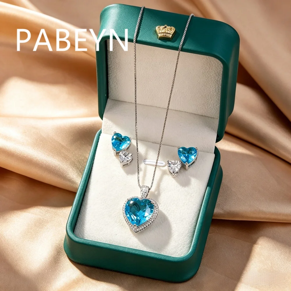 925 Sterling Silver Fashion Temperament Blue White Heart-shaped Zircon Necklace Pendant Stud Earrings Set Women's Jewelry Gift