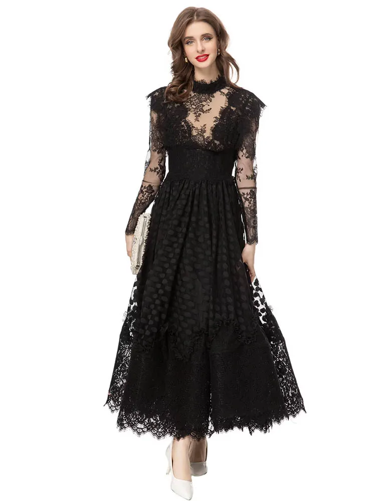 Women\'s Long Sleeve Patchwork Lace Evening Dress, Runway  Black Color, Stand Collar, High Street Slims, Party, Autumn Fashion