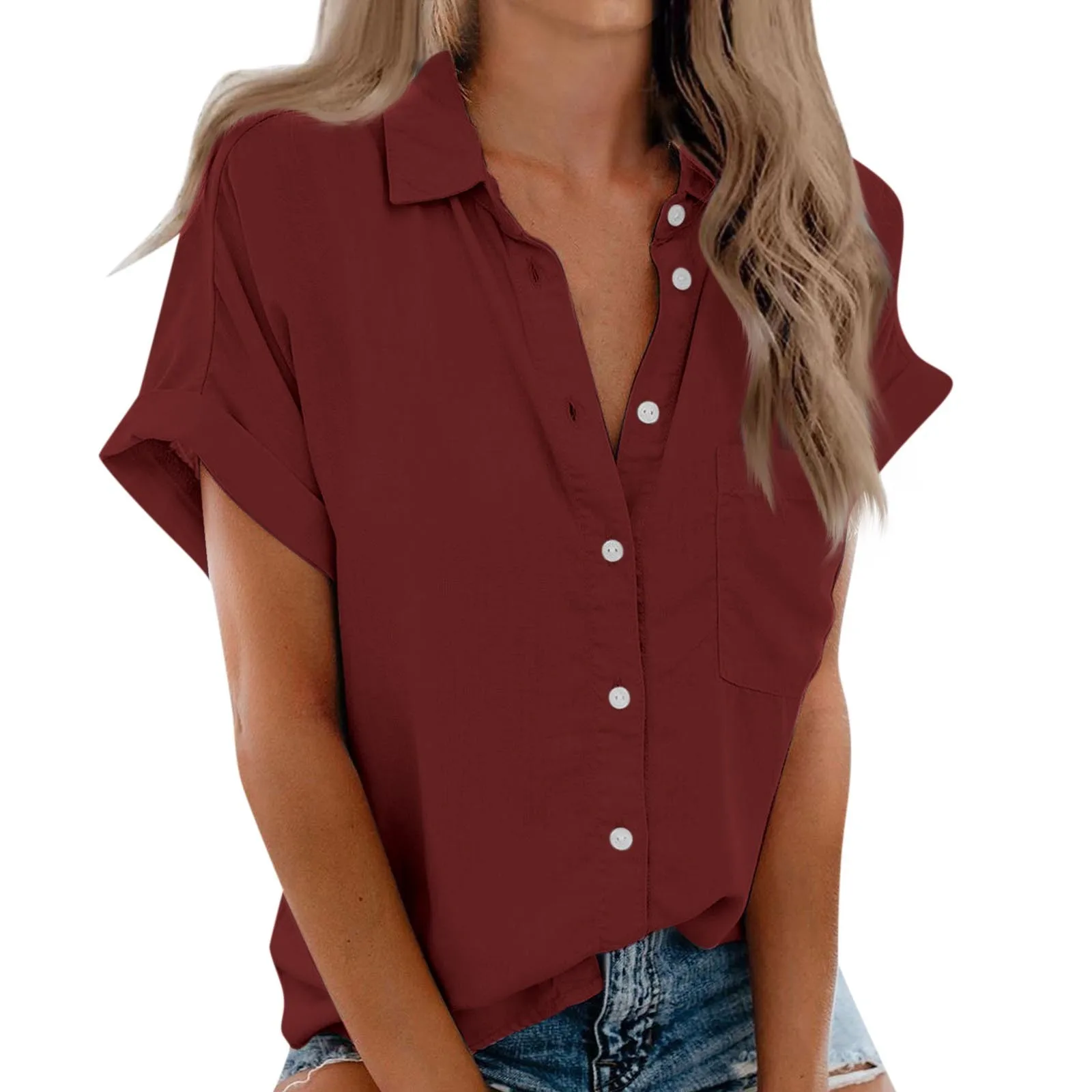 Womens Short Sleeve Shirts Solid Color Casua Button Down Blouse Tops With Chest Pocket