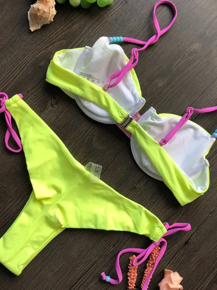 Conjunto de Bikini con Push-Up para mujer, traje de baño amarillo, microbañador de estilo vendaje, ropa de playa de dos piezas, 2023