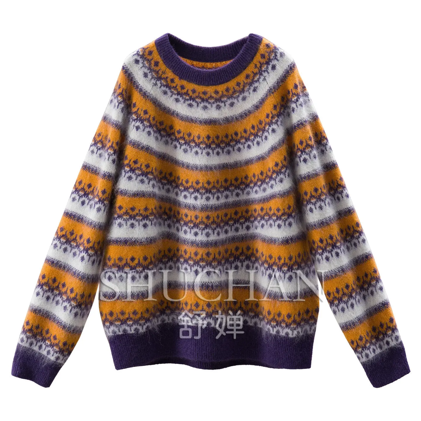 Pullover Vintage Fair Island, Naked Nordic Loose Brushed Wool Mulberry Silk Cashmere Sweater Women F098