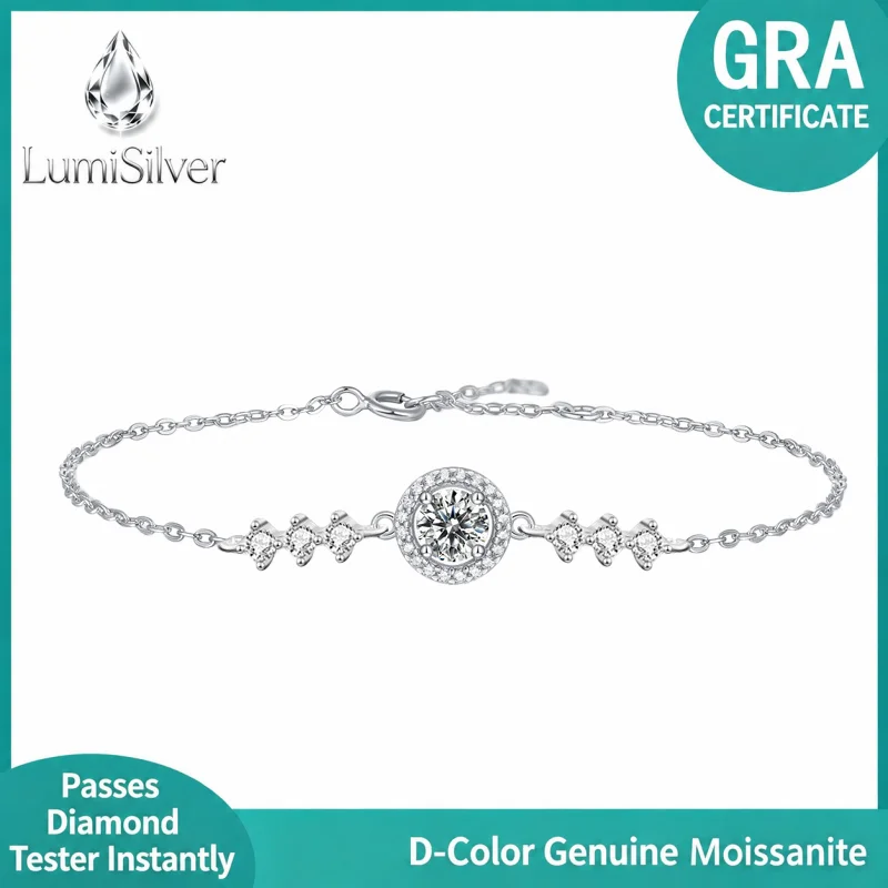 Round Halo Moissanite Dainty Bracelet 925 Sterling Silver Side Stone Adjustable Minimalist Gift for Women