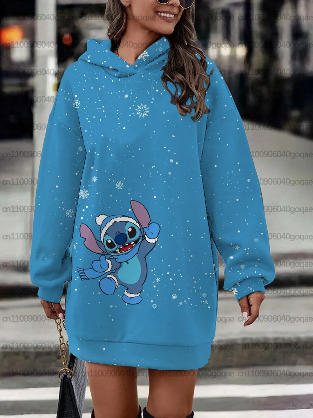 Herbst/Winter Weihnachten Disney Stitch Damen Kleid Warm Party Sweatshirt Damen Print Mode Y2K Stil Top Sweatshirt Kleid