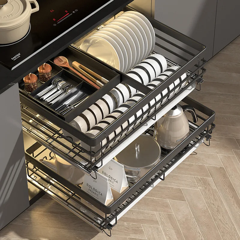 

Pull basket Kitchen cabinet Three-layer drawer bowl rack Pumping aluminum alloy rack Storage blue seasoning dish basket