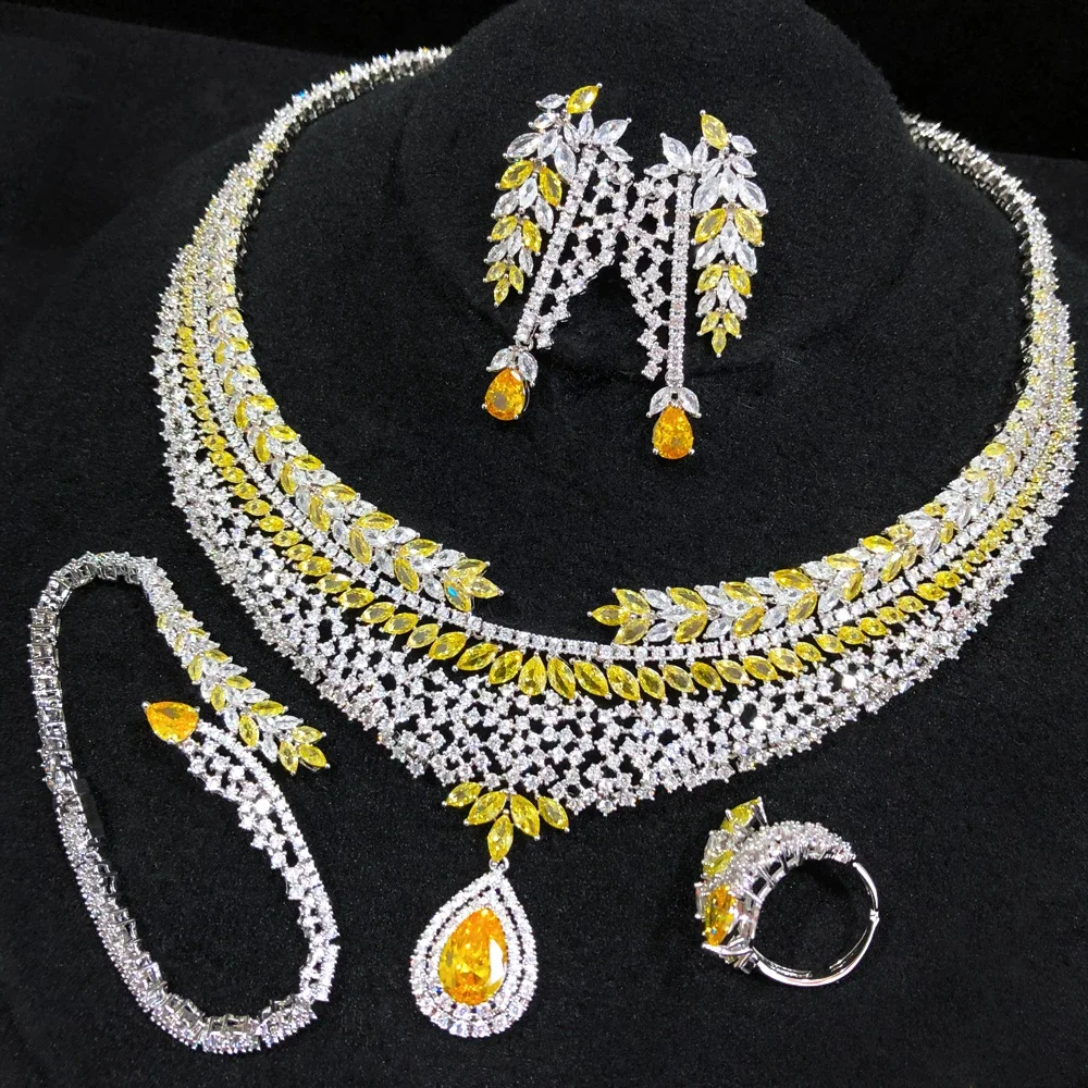 

Soramoore Luxury Shiny 4PCS Necklace Earrings Bangle Ring Jewelry Sets For Women Cubic Zircon Original Bridal Wedding Jewelry