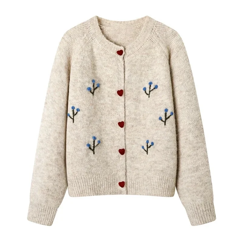 

Свитер на пуговицах в стиле ретро с цветочной вышивкой и сердечком, женский свободный кардиган с длинными рукавами и круглым вырезом, куртка на осень-зиму, мягкий вязаный топ