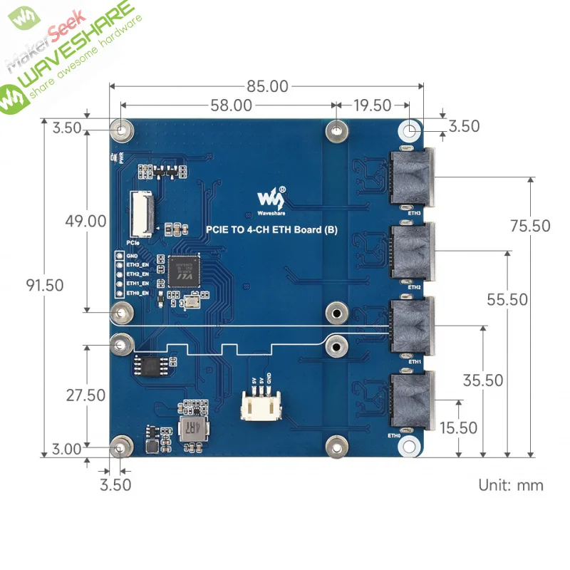 SKU-33365 PCIE TO 4-CH Gigabit ETH plank B Waveshare PCIe 4-Ch 2.5G Board For razzing PI 5 , Supports Raspberry Pi OS Driver-Fre