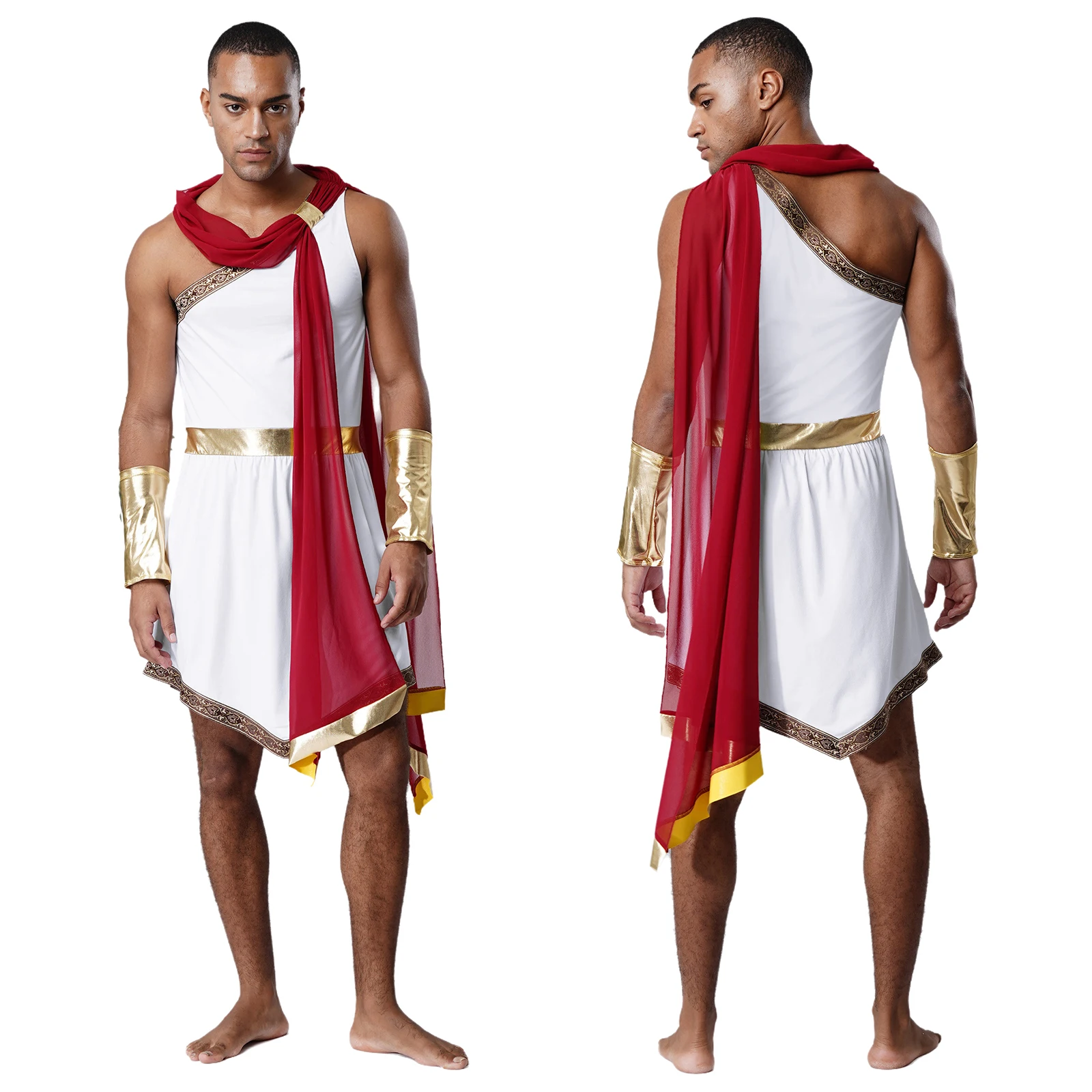 Men One Shoulder Ruffle Sash Ancient Greek Roman Toga Tunic Robe with Cuffs Halloween Csrnival Party God Zeus Caesar Costume