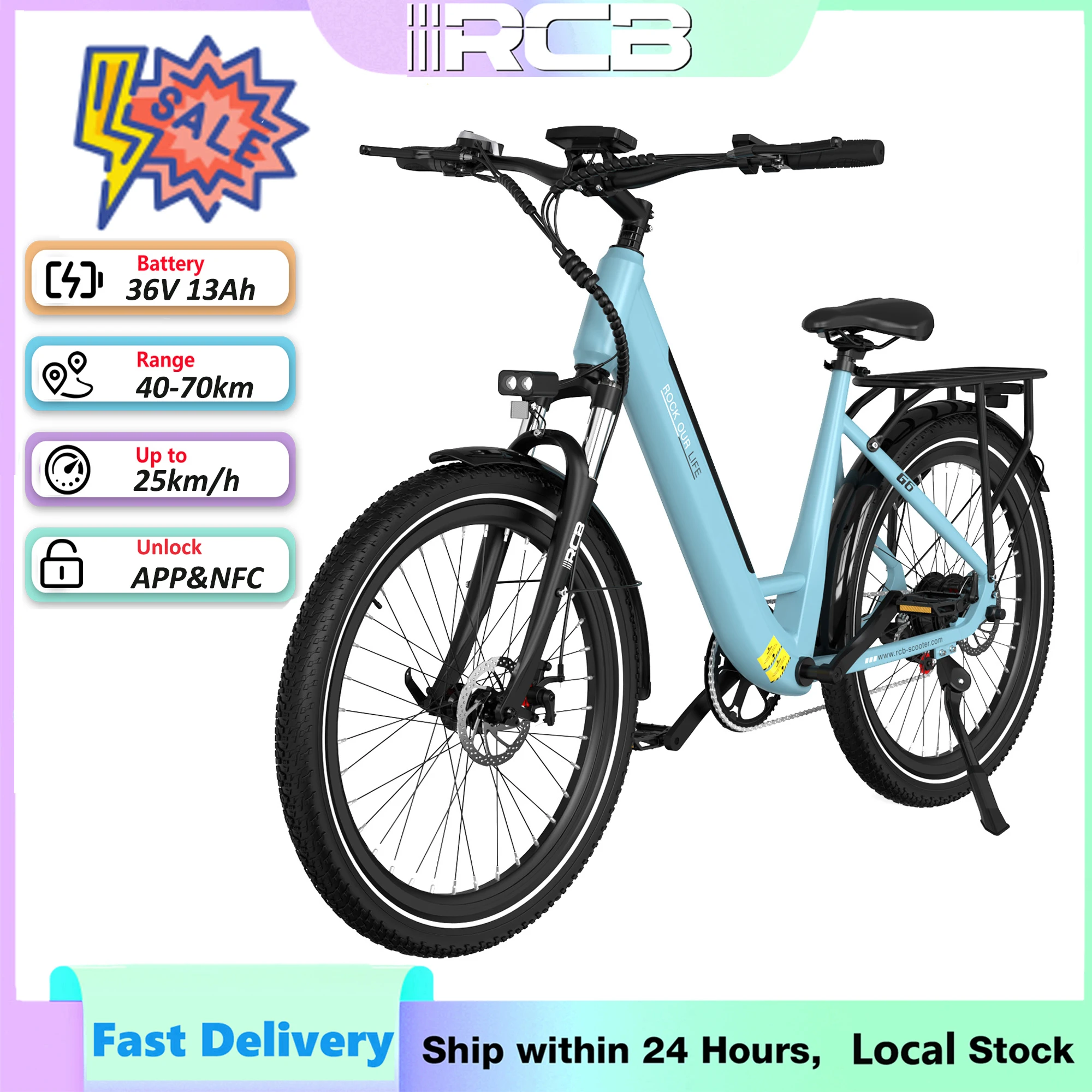 RCB Terreinen Elektrische Fiets voor Volwassenen 250W 36V 13Ah, 40-70km bereik, 27.5 Inch band, NFC & APP, 120KG draagvermogen, conform model. Geschikt voor stadspendel, dagelijks gebruik en