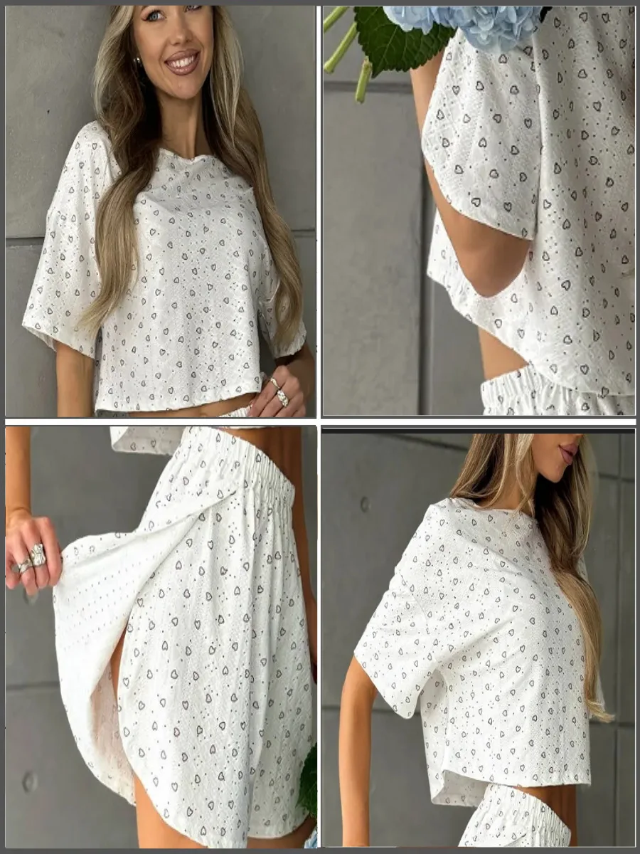Frauen Pyjamas Set frauen Pyjamas Hohl Atmungsaktive Druck Sexy Split Shorts Rundhals Top Set Loungewear Hause Komfort – Detail 15