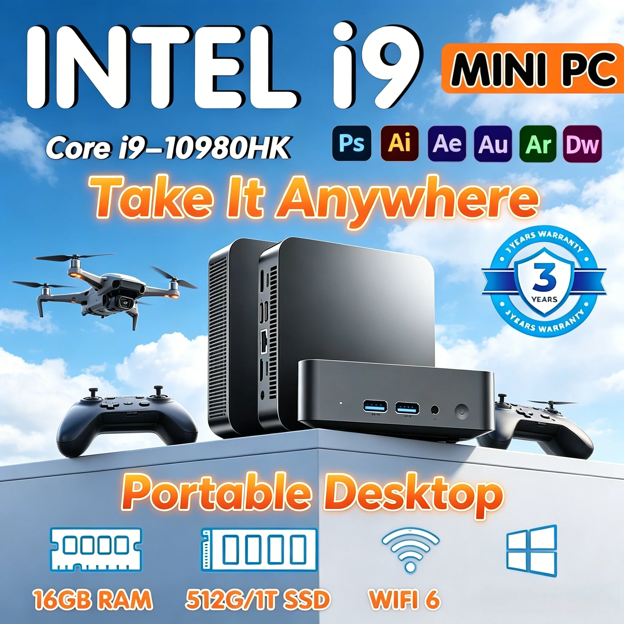 Laptop High Performance Pocket Mini PC I9-10980HK Windows 11 Pro Large Memory 2TB SSD Home Office Gaming Mini Host