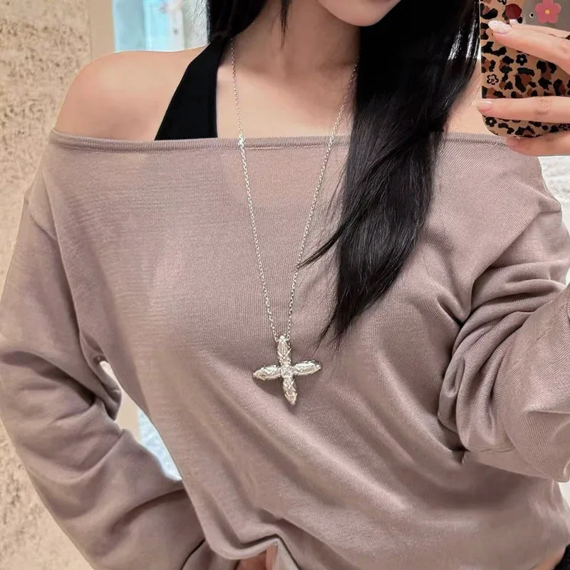 Cross Pendant Necklace Sparkling Cubic Zirconia Silver Tone Long Chain Elegant Premium Lightweight Sweater Jewelry Women