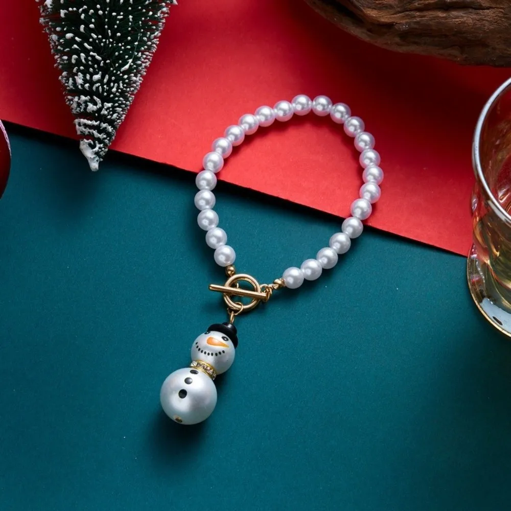 New OT Clasp Imitation Pearl Jewelry Set Stackable Elegant Snowman Necklace Delicate Cute Christmas Bracelet Xmas Party