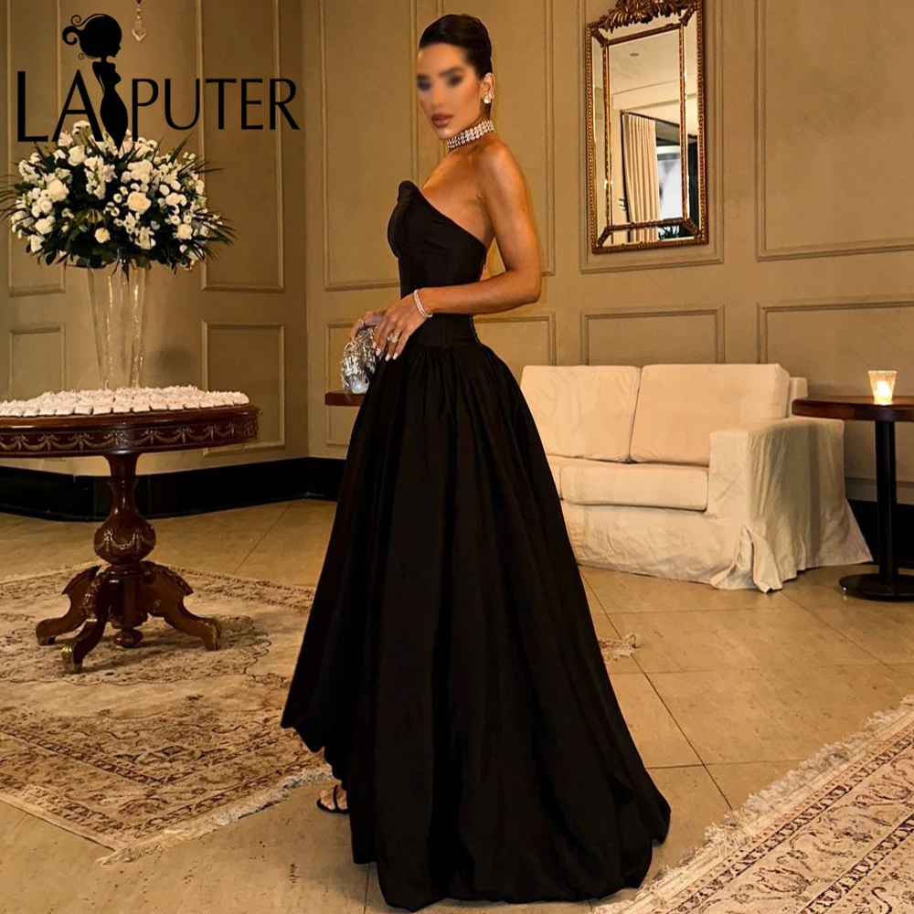 Tea Length Black Taffeta Prom Dresses Sweep Train Strapless Neck Evening Dress Pleated A line Celebrity Party Gown 2024