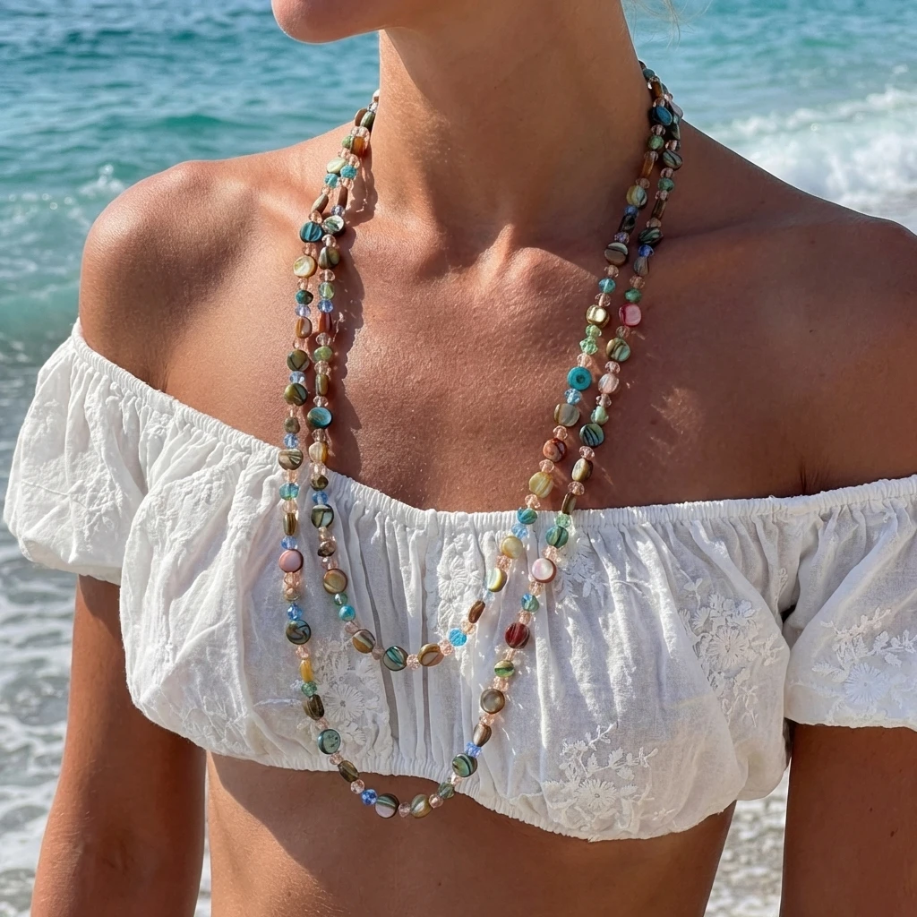 Vintage Böhmische Bunte Muschel Lange Doppelschichtige Halskette für Frauen Statement Mehrlagige Halskette Strand Urlaub Schmuck Geschenke – Detail 5