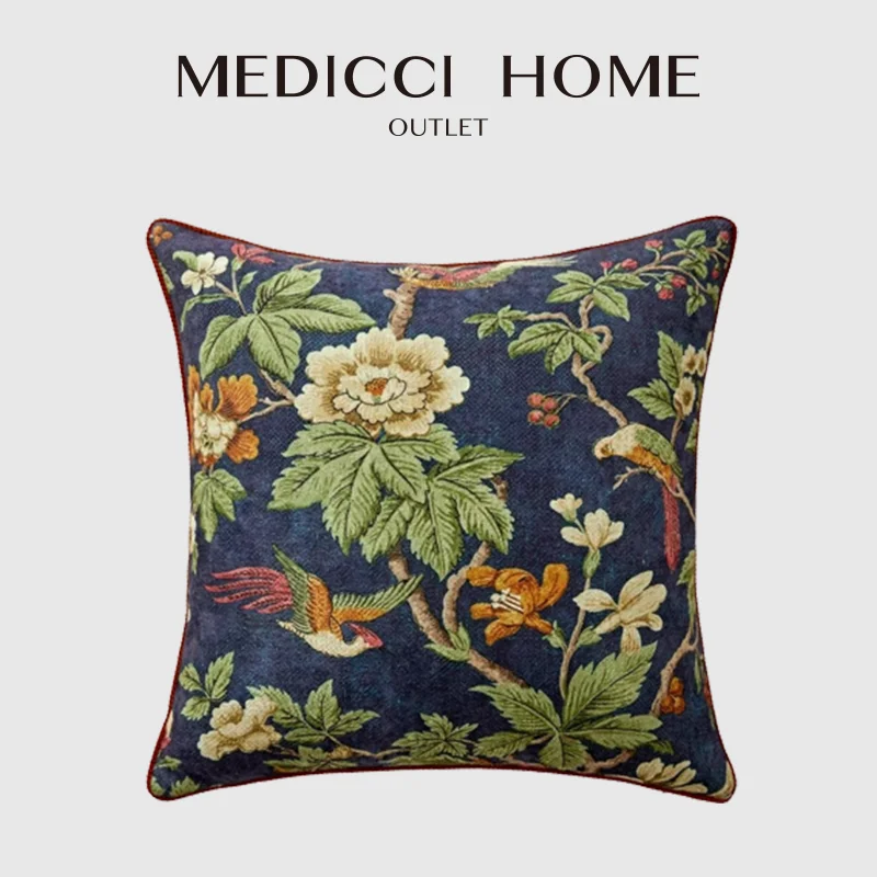 Medicci Home American Retro Light Luxury Throw Pillow Cover Bird Floral Garden Imprint Square Cushion Case 45x45cm Navy Blue