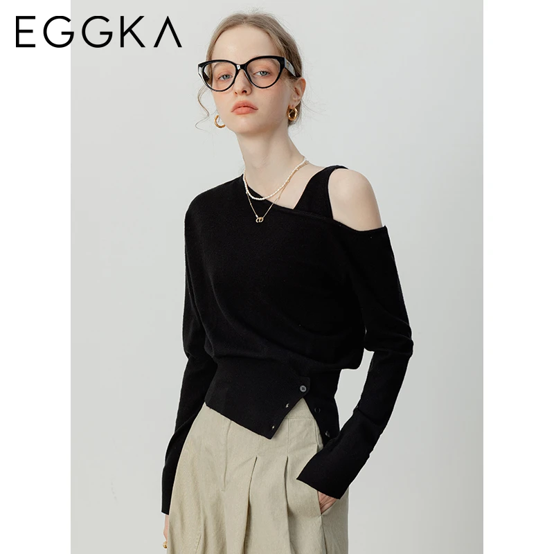 Eggka Autumn Off the Shoulder Knitwear Women Casual Solid Asymmetric Collar Tops Female 2-Piece Knitted Shirts Korean Style 2024