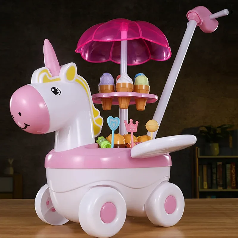 Set di giocattoli per la casa dei giochi per bambini suono e luce cartone animato unicorno gelato vendi camion ragazza simulazione cucina regalo di compleanno per bambini