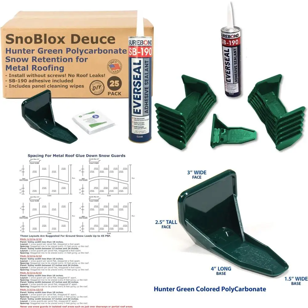 واقيات الثلج على السقف المعدني - مجموعة مكونة من 25 قطعة مع لاصق للأسطح الفولاذية المموجة، لون أخضر صياد، حل فعال للتحكم في الثلج