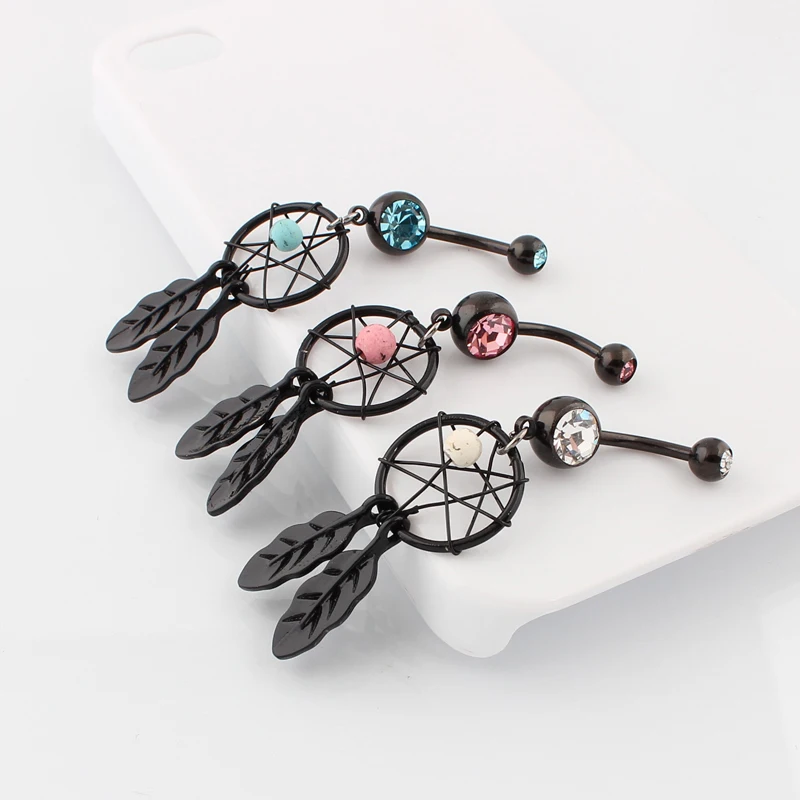 Beautiful black Dream catcher Navel ring fashion body piercing jewelry belly bar 14G 316L surgical steel bar Nickel-free