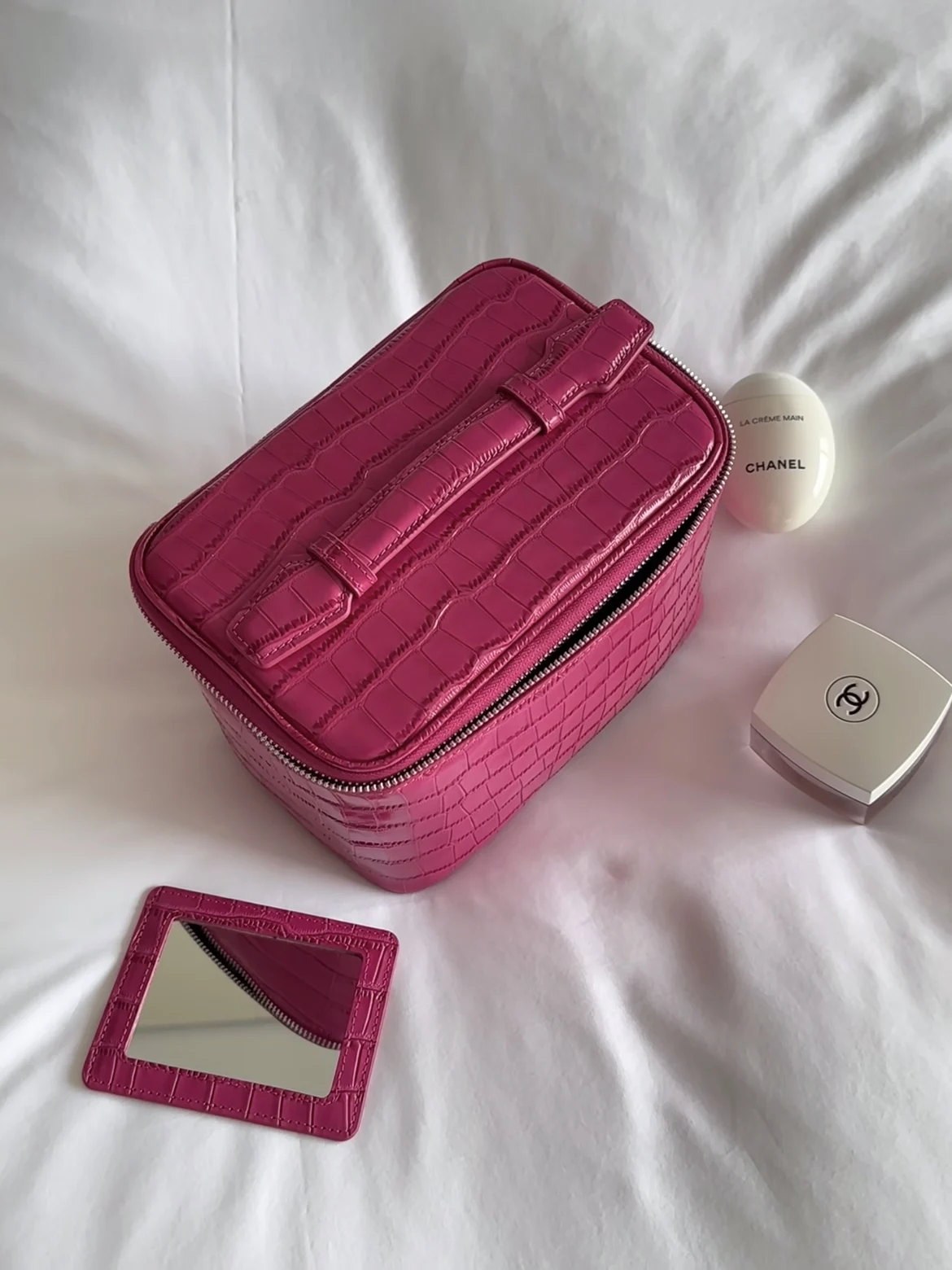 Crocodile Pattern Cowhide Cosmetic Bag Rose Red Light Luxury Genuine Leather Women Travel Portable Toiletry Storageanity Case