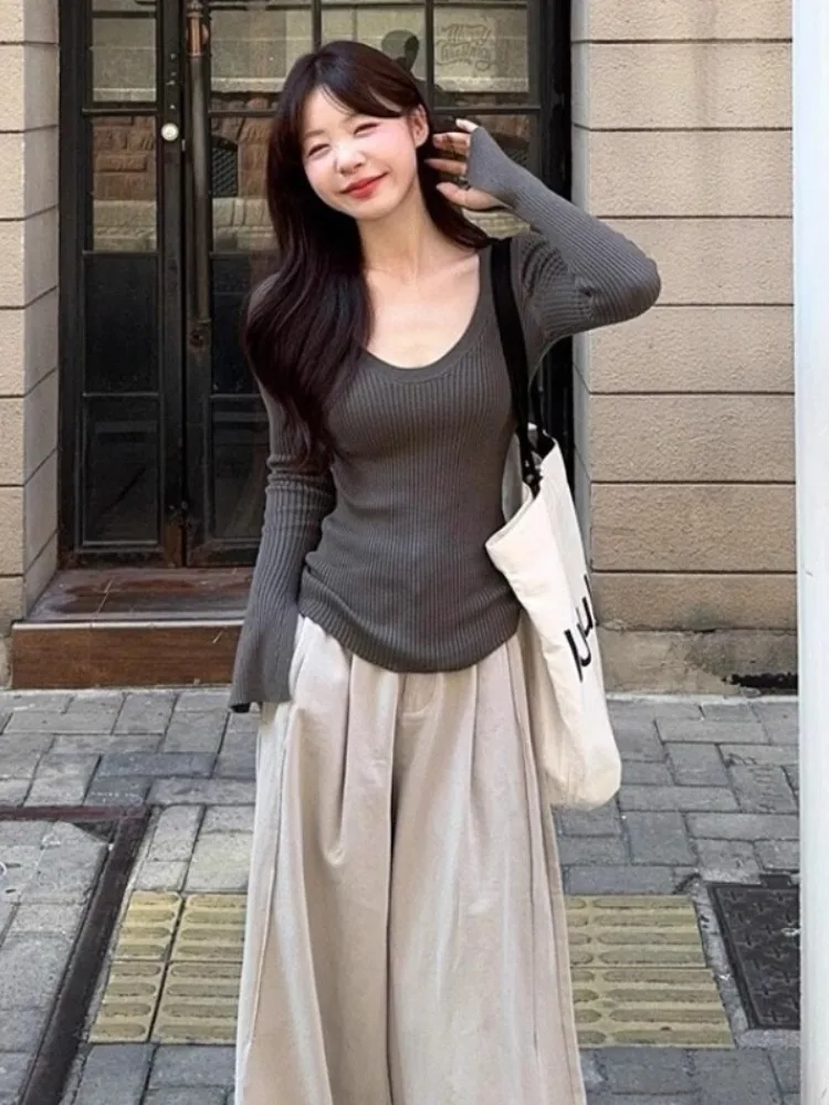 Coreano Sle ey Long Sve Base lavorata a maglia irt Maglione attillato slim fit da donna Autunno Inverno U-Ne Top Abbigliamento interno Grande apertura...