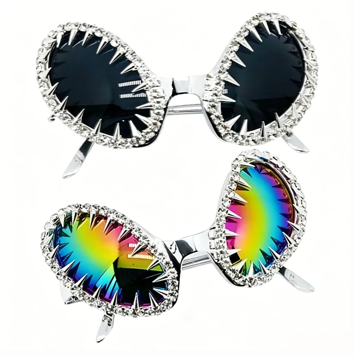 Alien Shape Sunglasses Bright Novelty Statement Shades Punk Sunglasses Reflective Rhinestone Costume Shades For Music Festival