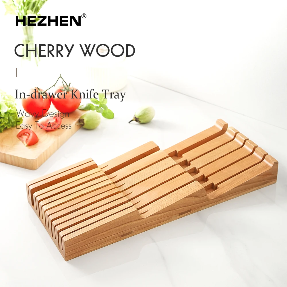 HEZHEN Cherry Solid Wood 11 Slot In-drawer Knife Tray Block Stand Kitchen Accessories Multifunctional Storage Rack Tool