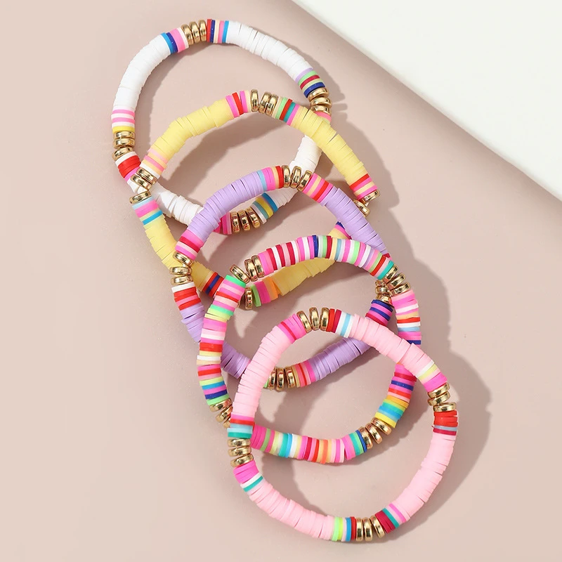 5pcs/set Stackable Boho Beaded Bracelet Set – Colorful Polymer Clay Strands for Effortless, Everyday Layering.
