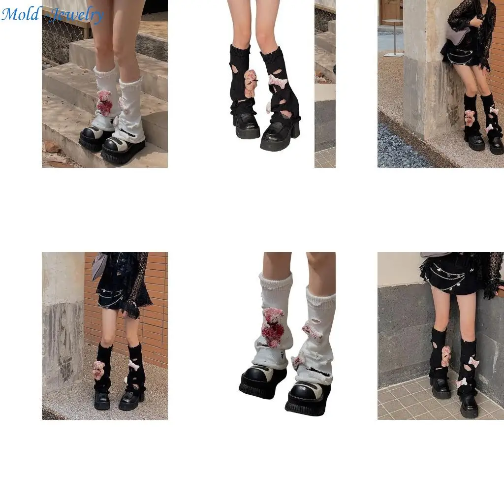 

69HB Women Gothic Knitted Leg Warmers Socks Bloody Bear Doll Ripped Hole Leg Cover