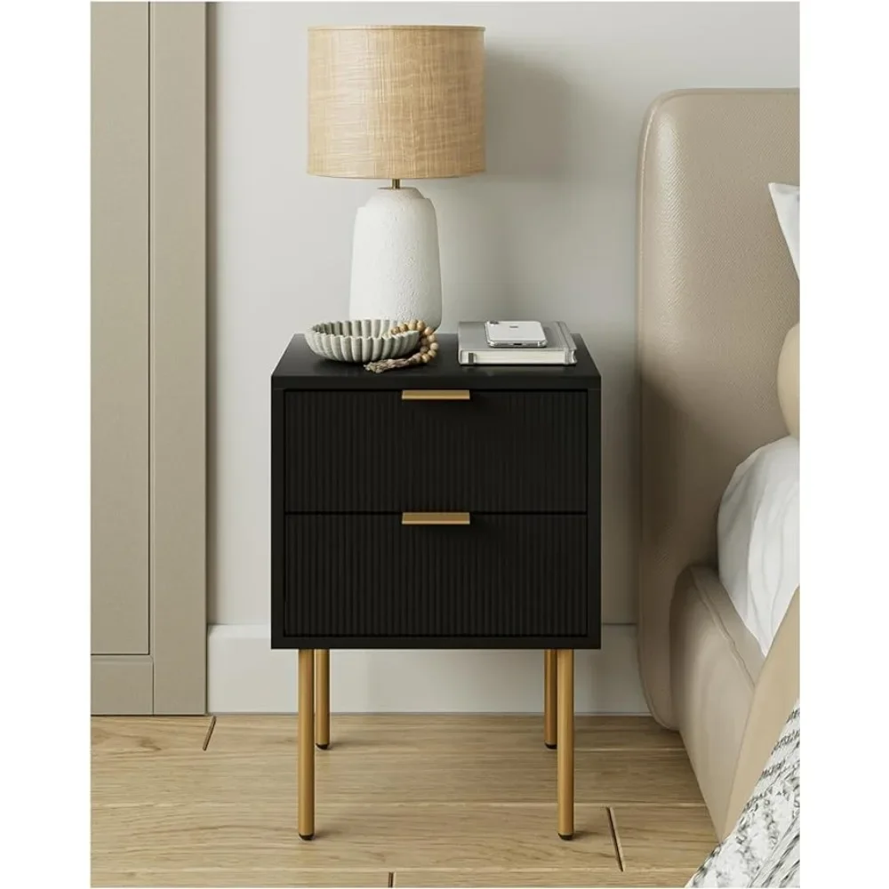 

Nightstand with Two Drawers, Fluted Night Stand,End Table with Gold Frame,Bedside Furniture,2 Drawer Dresser for Bedroom