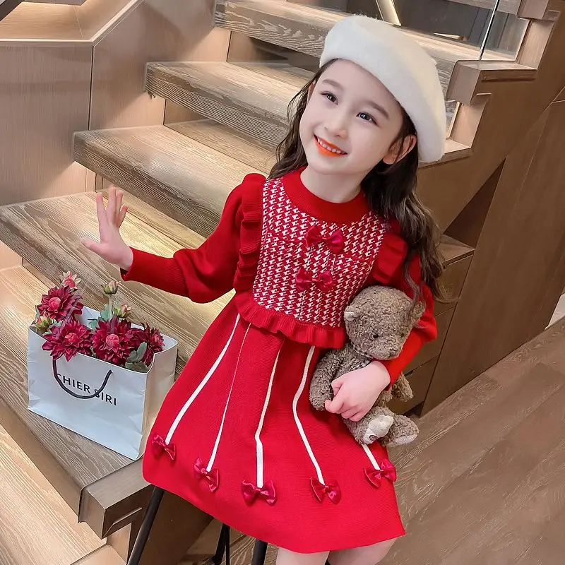 

Kawaii Girls Dress Spring and Autumn Fashion Knitted Sweater Skirt Korean Style Child Princess Dress Sweet Tops Christmas Gift