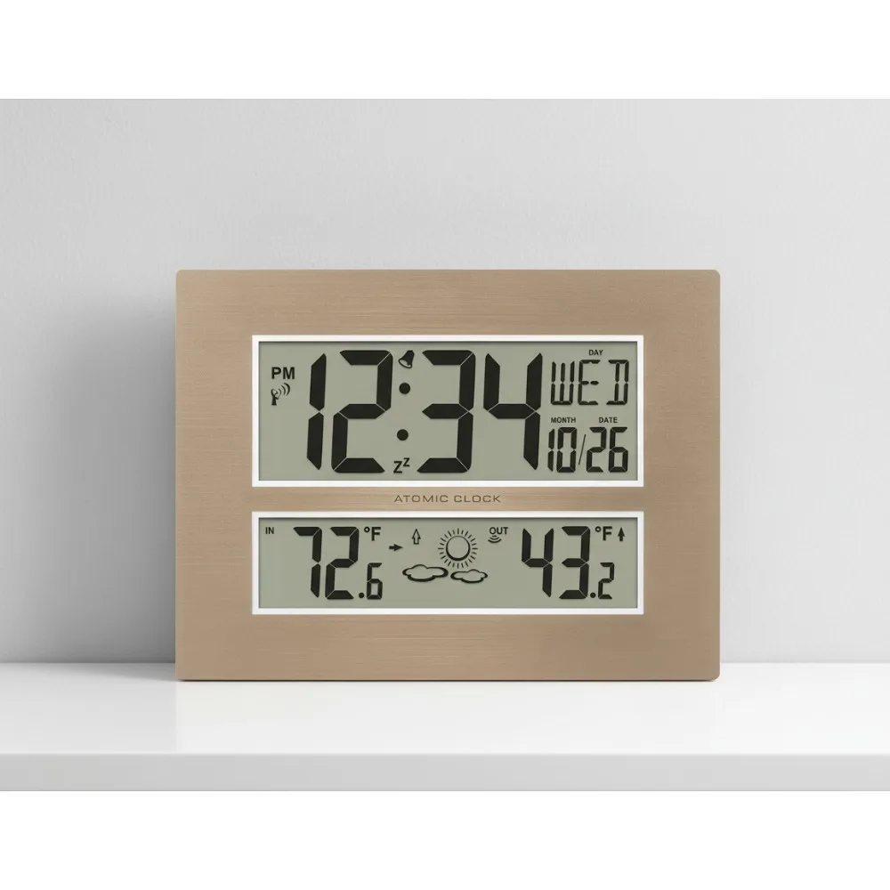 

Атомные цифровые настенные часы с температурой и прогнозом, белый/шампанское — точное время, погодный дисплей для домашнего офиса