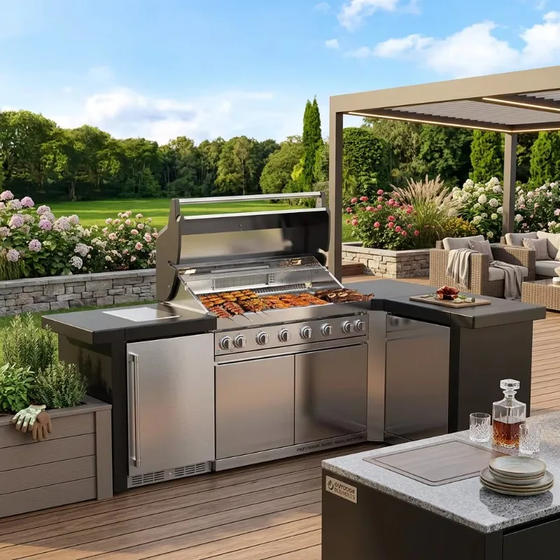 Charcoal Smoker Outdoor Kitchen Island Setup with Dual Layer Storage Drawers and Heavy Duty Metal Construction
