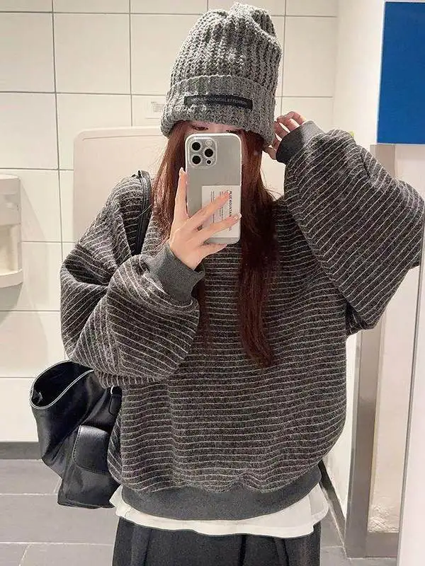 Autumn Winter Women's Loose Fit round Neck Knitted Sweatshirt No Hat Vintage Stylish Korean Lazy Style Striped Knit Top