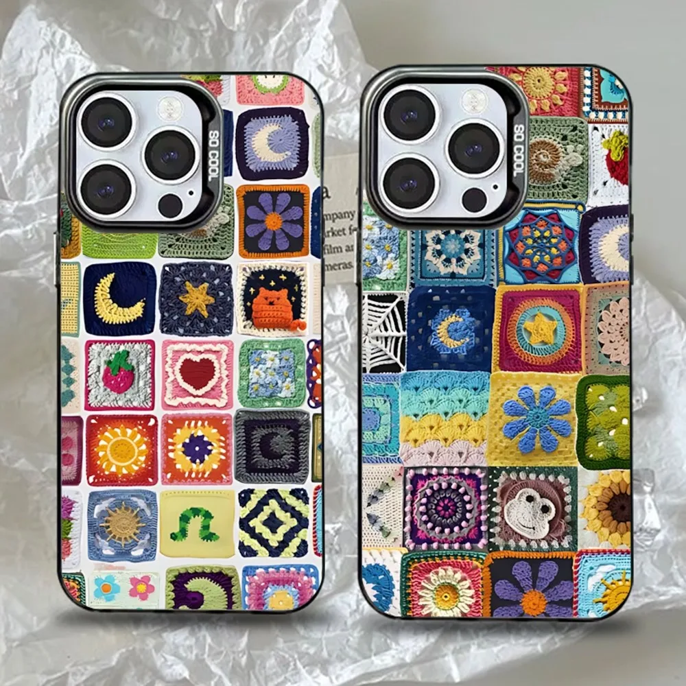 

Granny Square Crochet Phone Case For iPhone 16,15,14,13,12,11,Pro,Max,Plus,Mini,XS,SE Anti Fall Black Matte Hard Bumper