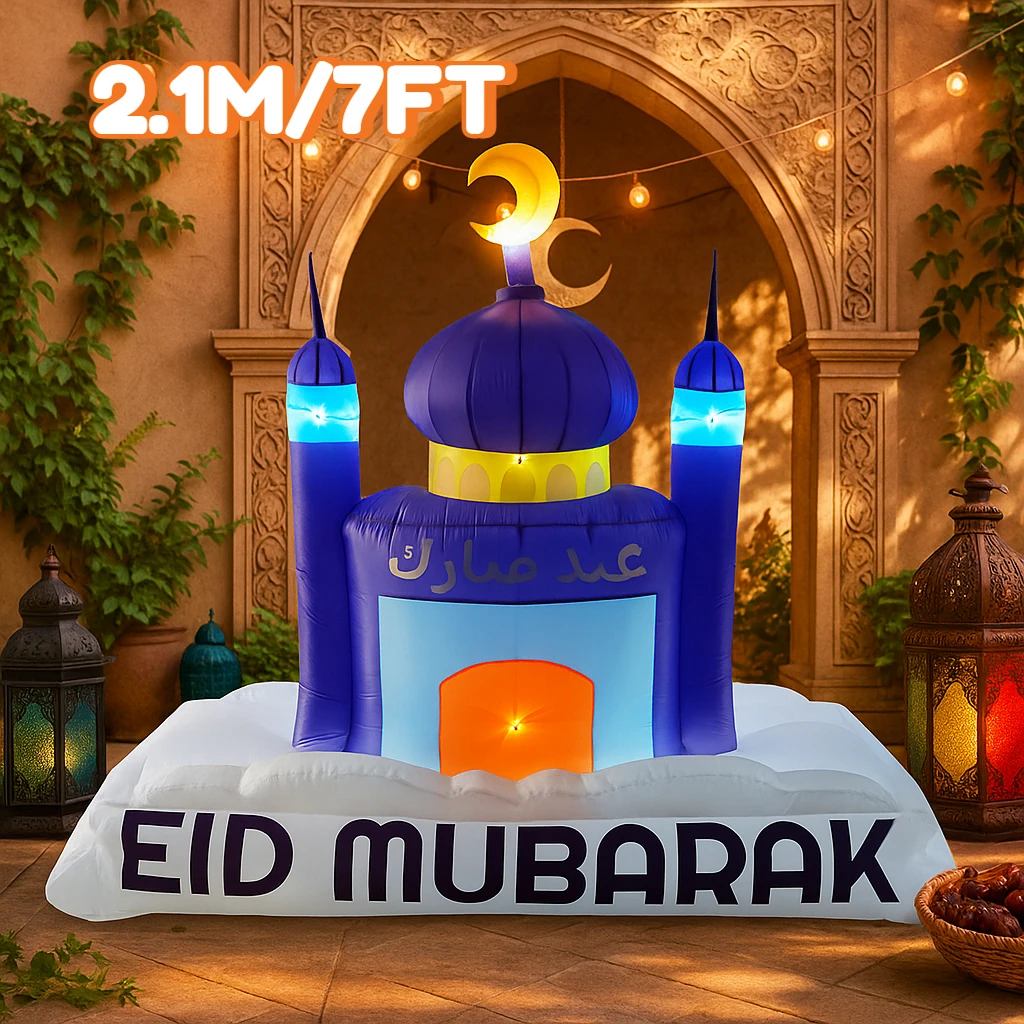 7FT Inflatable Toys Eid Mubarak Purple Dome Inflatable Mosque Decor LED Light Crescent Islamic Ramadan Inflatable For Yard