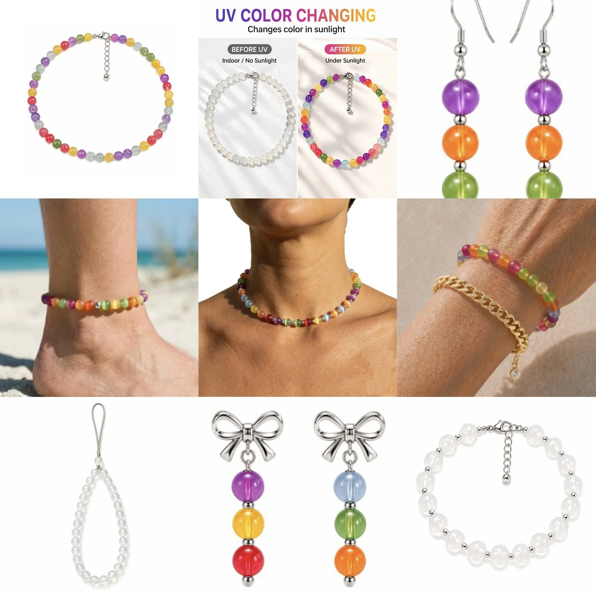 Rainbow Color Necklace Color Changing Niche Clavicle Chain Dopamine 8mm Beaded Bracelet Earrings