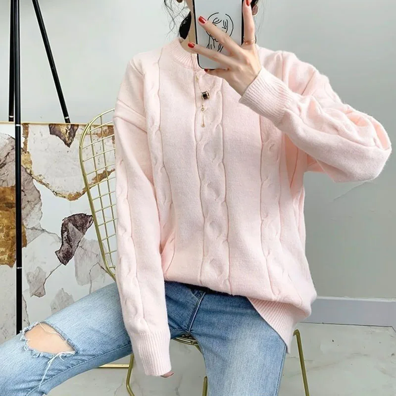 Casual O-neck Knitted Pullovers Sweater Women Spring Autumn Sweet Cute Chic Long Sleeve Woman Lazy Style Streetwear Tops Coat