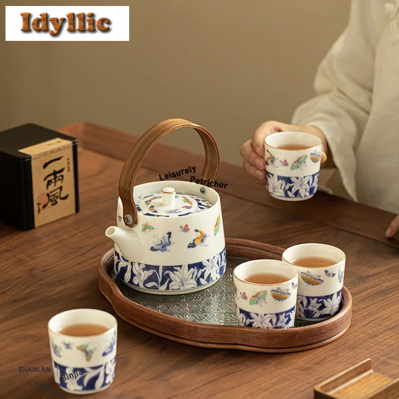 Jade Porcelain Blue And White Butterfly Dance Tea Set Complete Set Boutique Tea Ceremony Set Teapot And Tea Cup Set For Tea Gift