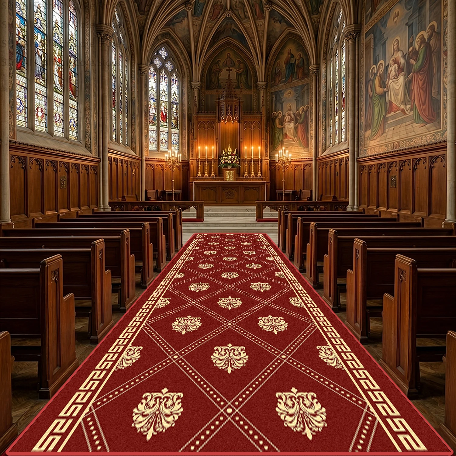 

Red Luxury Church Long Corridor Carpet Decoration Auditorium Hotel Easy Clean Soft Rug Non-slip Lint-free Stairs Runner Foot Mat
