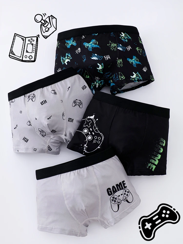 4pcs Boys' Teenage Knitted Game Console Print Boxer Shorts Comfortable Fabric Sports Underwear for All Seasons