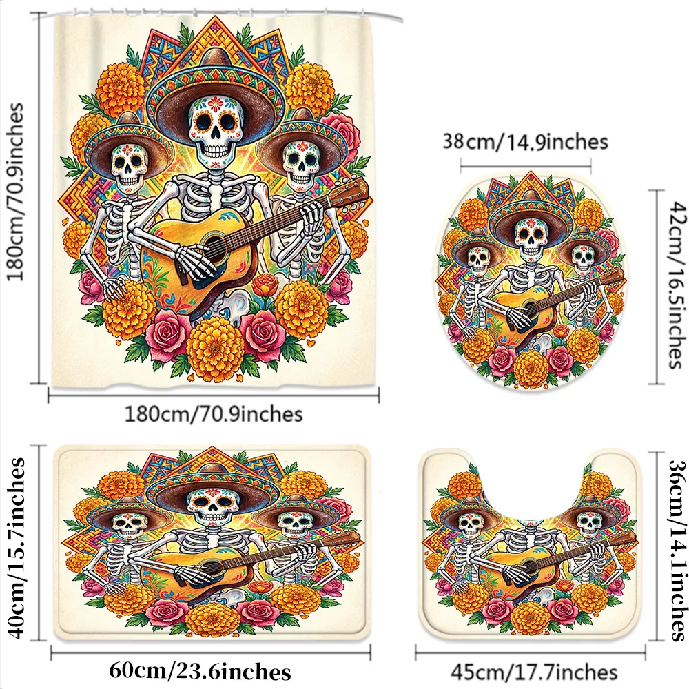Vibrant Dia de Muertos Skeleton Skull Shower Curtain Mexican Bohemian Art Day of the Dead Boho Tropical Guitar Bathroom Decor