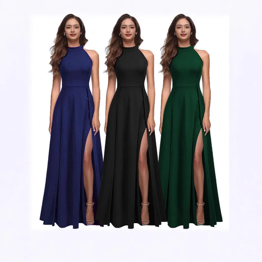 Single Halter Neck Gown Slim Fit Princess Style with Elegant Halter Style Zipper Closure Beach Spring Pleated Dress for Women