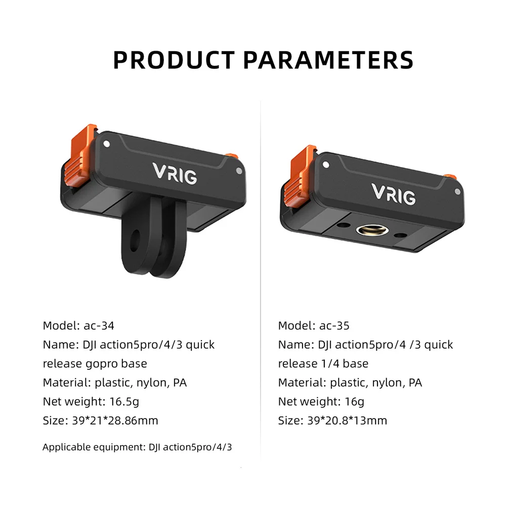 VRIG Magnetische Quick Release Mount voor DJI Action 5 Pro/4/3 Snelle en handige 2-polige houder voor statieven en selfie-sticks